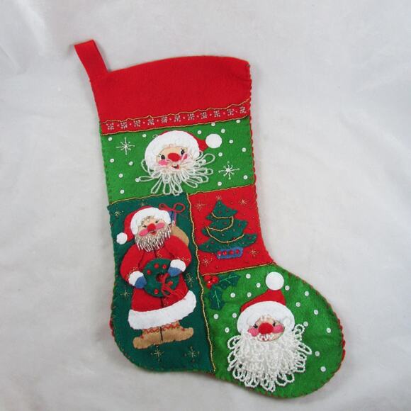 Felt Applique Christmas Stocking Santa Sequins Beads Finished Complete Handsewn - Picture 1 of 9